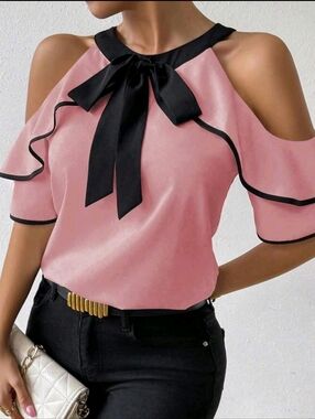 Pink Cold-Shoulder Ruffle Top with Black Bow Tie